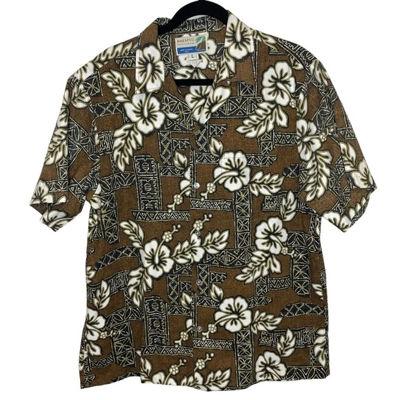 Mens Hawaiian shirt brown button up short sleeve - Picture 1 of 6